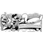 Vector drawing of boys putting papers under bedding